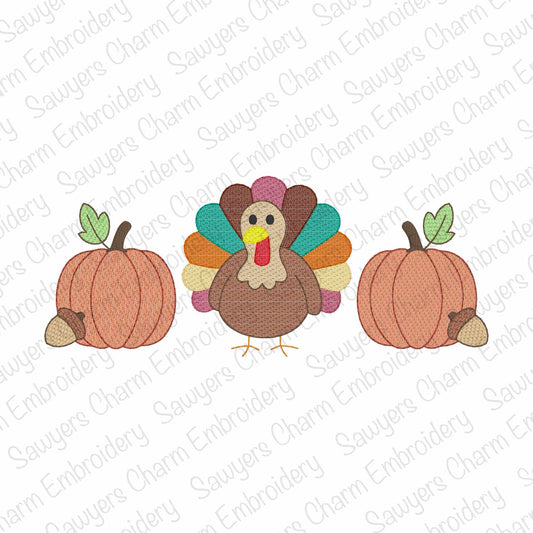 Colorful turkey and pumpkins on a white background with 'Sauyer's Charm Embroidery' watermark.
