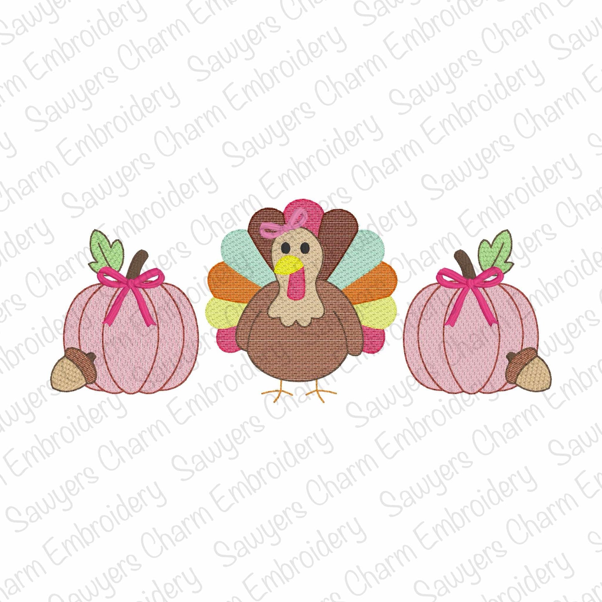 Colorful turkey with pink bows on pumpkins on a white background with 'Sauyer's Charm Embroidery' watermark.