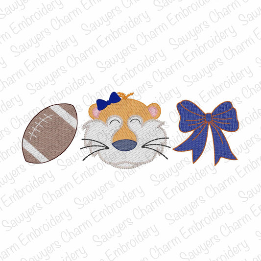 Embroidery design of a tiger face with a bow, football, and large blue bow on a white background.