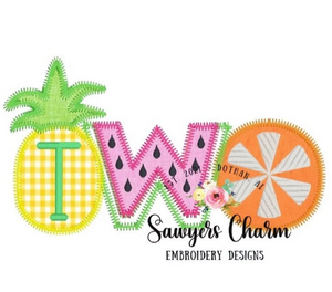 Two-tii fruity birthday pineapple watermelon citrus fruit summer zig zag applique machine embroidery design file